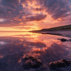 Canvas Print - A stunning sunset over a calm, reflecting ocean with pink, orange and purple clouds.