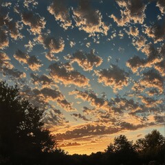 Wall Mural - A stunning sunset sky with clouds in shades of orange and pink over a silhouette of trees.