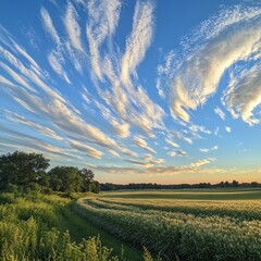 Sticker - A stunning sunset sky with white clouds over a field of tall green grass.