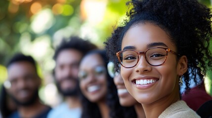 Wall Mural - Young woman is smiling at the camera with her friends standing behind her out of focus