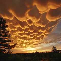 Wall Mural - A stunning sunset with a dramatic, textured sky filled with lenticular clouds over a silhouette of a forest.