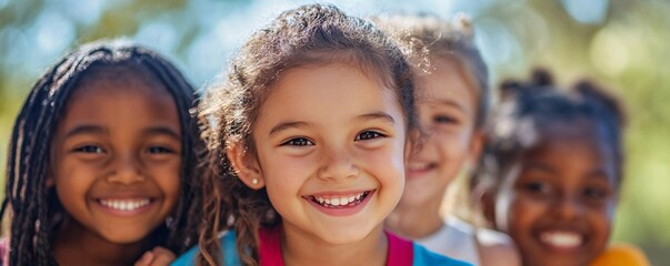 Wall Mural - Happy and diverse children smiling outdoors on a bright and sunny day