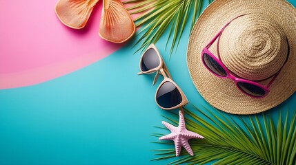 Poster - Top view travel or vacation concept Composition with stylish beach accessories on colored background top view Beach fashion flat lay summer concept Trendy colors : Generative AI