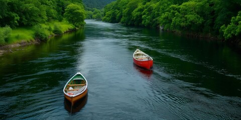 two empty boats floating peacefully on a calm river, surrounded by lush green trees, embodying a ser