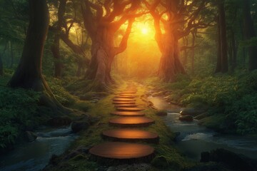 Wall Mural - Sunbeams illuminate a path through a mystical forest.