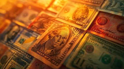 Vibrant Close-Up of Various International Currency Notes in Warm Lighting