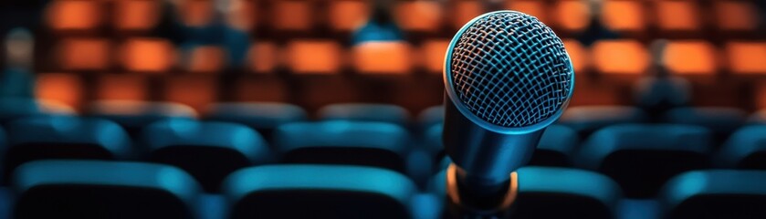 Wall Mural - Close-Up of Microphone on Stage with Blurred Audience Seating in Background