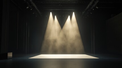 Spotlights arranged in a triangle, illuminating a central performance area on a black stage.