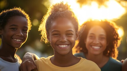 Wall Mural - Family posing together with lens flare from setting sun in the background