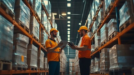 Aufkleber - Men tablet and inspection for stock in warehouse with teamwork inventory check and logistics business Quality assurance tech and team discussion in factory for export industry and ecom : Generative AI