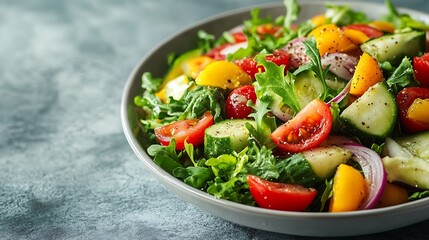 Poster - Delicious vegetable salad on light grey table top view : Generative AI