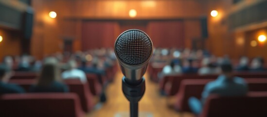 Wall Mural - Close-Up of Microphone on Stage with Blurred Audience in Background at Conference or Event