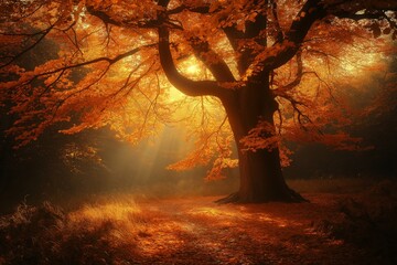 Sticker - Golden leaves on a tree in a forest, with sunlight shining through the branches.