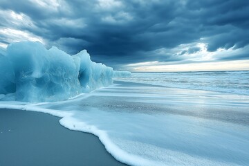 Wall Mural - A large ice berg rests on the beach, with a cloudy sky overhead.