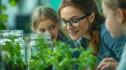 Aufkleber - Female Teacher with kids in biology class at elementary school conducting biology or botanical scientific experiment about sustainable Growing plants Learning about plants in a glass j : Generative AI