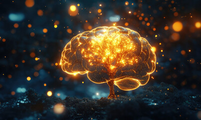 Wall Mural - 3D render of a brain with glowing tree-like branches, a dark background, and a purple and yellow color scheme