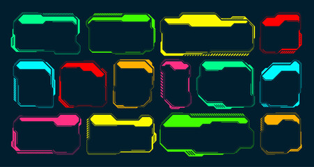 Poster - Futuristic HUD or UI elements. Sci-fi user interface text boxes, callouts. Colorful warning message frame, information boxes template. Modern game interface layout, digital style. Vector illustration