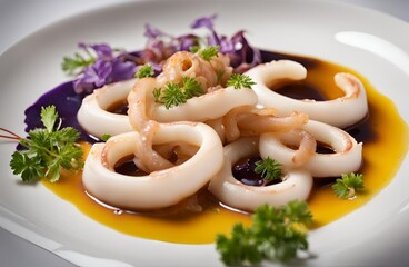 Wall Mural - Squid rings served with a rich flavorful sauce. This luxurious seafood dish offers a perfect blend of textures and tastes, ideal for gourmet dining.