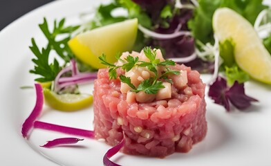 Wall Mural - Tuna tartare is a sophisticated dish featuring finely diced fresh tuna mixed with seasonings and served with vegetables. It’s a delicate flavorful appetizer.