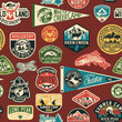 © PrintingSociety - Mountain lakes outdoor discovery adventure patch and  pennant flag patchwork vintage vector seamless pattern for scarf kerchief shirt fabric wrapping carpet rug pillow tablecloth