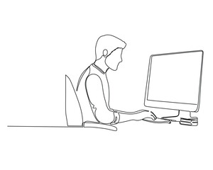 minimalist line drawing of a person working on a computer at a desk. ideal for business, technology,