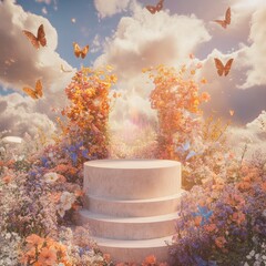 Poster - A three-tiered pedestal sits in a field of flowers, surrounded by butterflies and clouds.