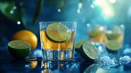Poster - Tequila is poured into a glass Tequila shots with lime slices and sea salt on a dark blue table : Generative AI