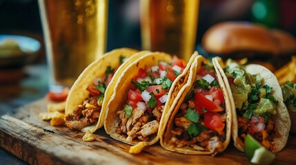 Mexican food featuring tacos burritos nachos burgers and beer : Generative AI