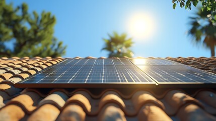 Poster - Solar panel installation on clay roof in blue sky with sun background : Generative AI