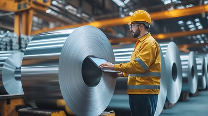 Leinwandbilder - Engineer metal sheet factory worker man with labtop inspection on rolls of metal carbon steel sheets in factory or warehouse Metal sheet manufacturing business : Generative AI