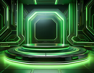 Technological Studio Background with Neon Panels in green Colors. Futuristic Podium for Product Presentation 