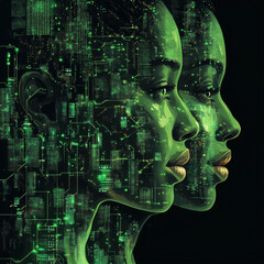 Wall Mural - Two women's faces are shown in a green and black color scheme. The faces are surrounded by a cityscape, with buildings and other structures visible in the background. The image conveys a futuristic