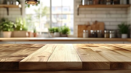 Poster - kitchen table background wood counter top on blur of white clean abstract home interior with bokeh  used for display or montage your wooden for dining background tabl banner podium : Generative AI