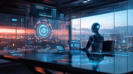 Poster - An advanced AI system monitors data from multiple screens in a sleek office, showcasing a vibrant cityscape illuminated by the setting sun in the background