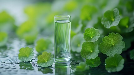 Poster - Green Background Centella asiatica for Biological experiment presentation Centella asiatica leaves green water in biological test tubes Production of cosmetics based on Centella asiati : Generative AI