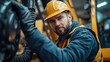 © The Little Hut - Driver mechanic checks hydraulic hoses of excavator Man in hard hat industrial worker : Generative AI