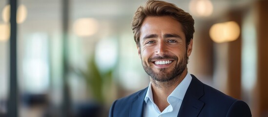 Wall Mural - Confident Businessman Smiling in Modern Office Environment with Blurred Background