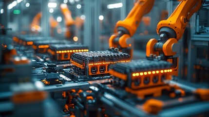 Poster - Modern Electric Car Automated Smart Factory EV Battery Pack Production Line Equipped with Orange Advanced Robot Arms Row of Robotic Arms inside Bright Plant Assemble Batteries for Auto : Generative AI
