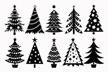 Christmas trees silhouettes set isolated on white background, collection of christmas new year trees vector icon illustration