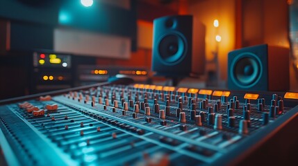Aufkleber - Empty studio at home equipped with mixing soundboard panel and other musical instruments music industry recording Modern space with electronic controls and daw software on pc Camera A : Generative AI