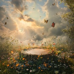 Wall Mural - A tree stump with flowers in a field with butterflies flying in a blue sky.