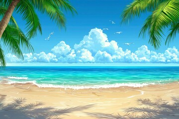 Sticker - Tropical Beach with Palm Trees, Ocean, and Cloudy Sky