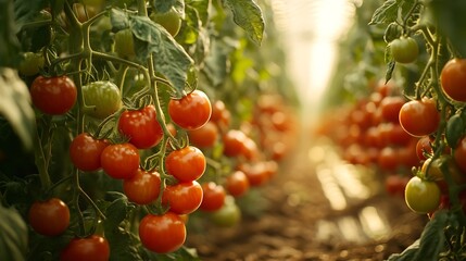 Wall Mural - Growing of red salad or sauce tomatoes  on greenhouse plantations in Fondi Lazio agriculture in Italy in summer : Generative AI