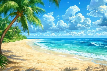 Poster - Tropical Beach with Palm Trees and Blue Sky