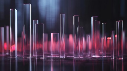 Poster - high-tech bar graph made of transparent glass bars with light reflections, minimalist background