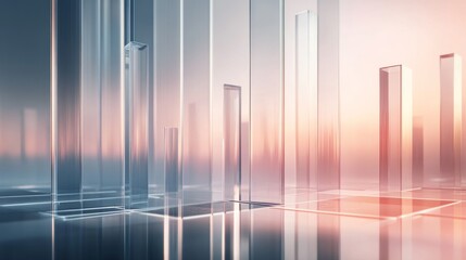 Poster - high-tech bar graph made of transparent glass bars with light reflections, minimalist background