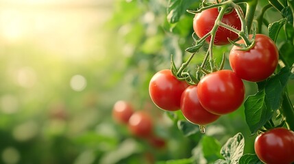 Poster - Ripe red tomatoes are on the green foliage background hanging on the vine of a tomato tree in the garden : Generative AI