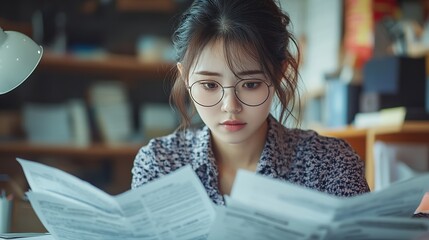 Poster - Asian financial woman working inside office with documents papers behind paperwork serious businesswoman looking financial reports at workplace  confident successful female accountant : Generative AI