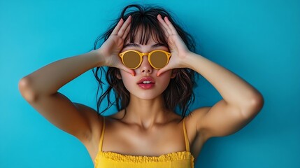 Photo portrait of young optimistic stylish wearing yellow trendy crop top japanese girl cover hands eyes hide seek isolated on blue color background : Generative AI