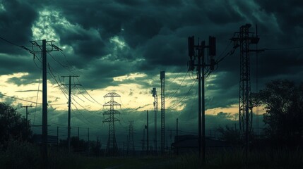 Poster - Industrial scene with multiple power poles and transformers, dark clouds in the background